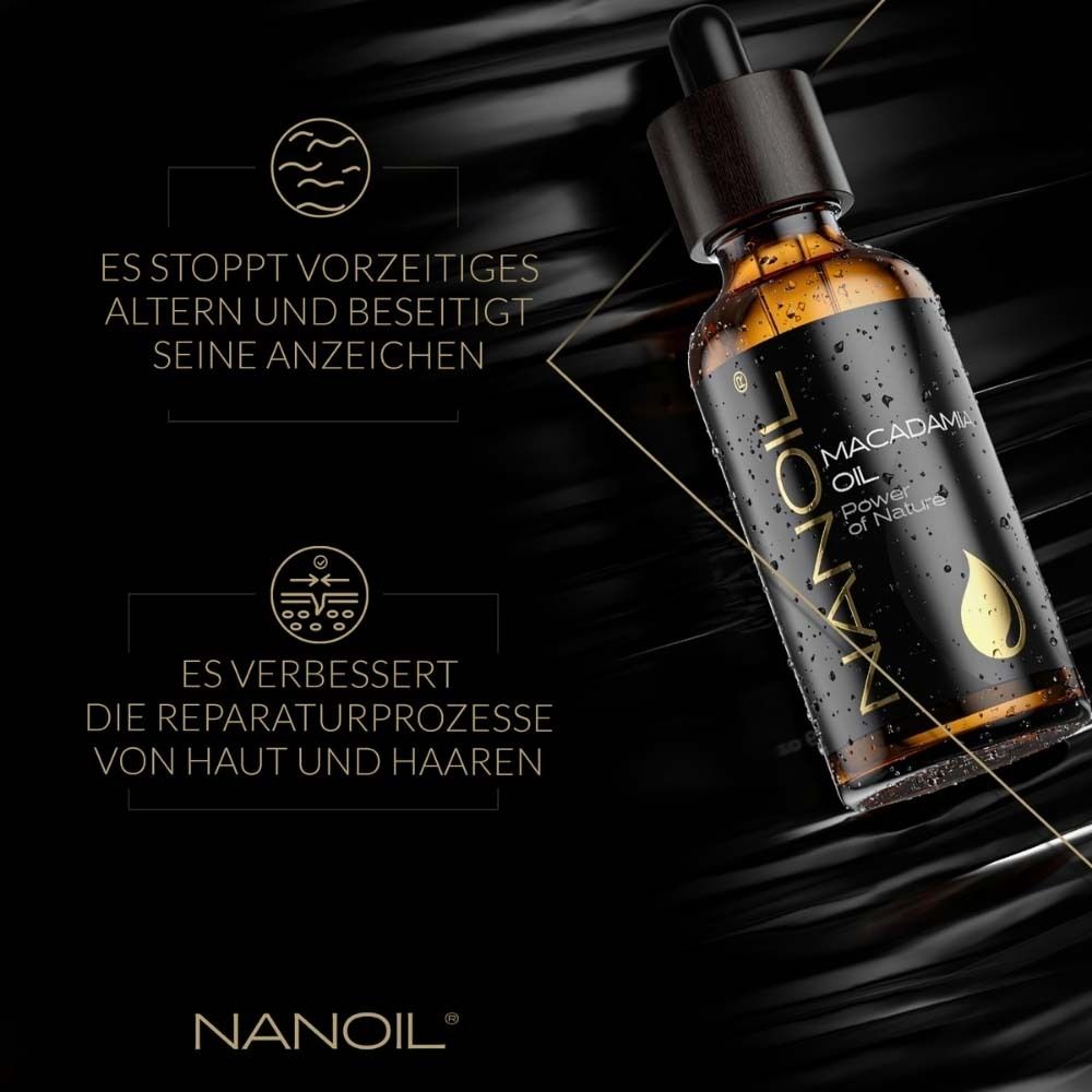 Flacon avec produit. Inscription: NANOIL Macadamia Oil. Texte: Arrête le vieillissement prématuré, améliore la réparation.