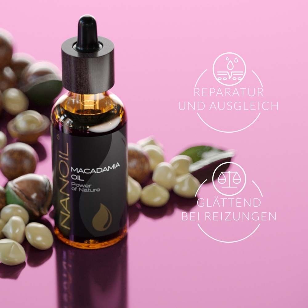 Flacon avec produit. Inscription: NANOIL Macadamia Oil. Illustrations: réparation et équilibre, apaisant les irritations.