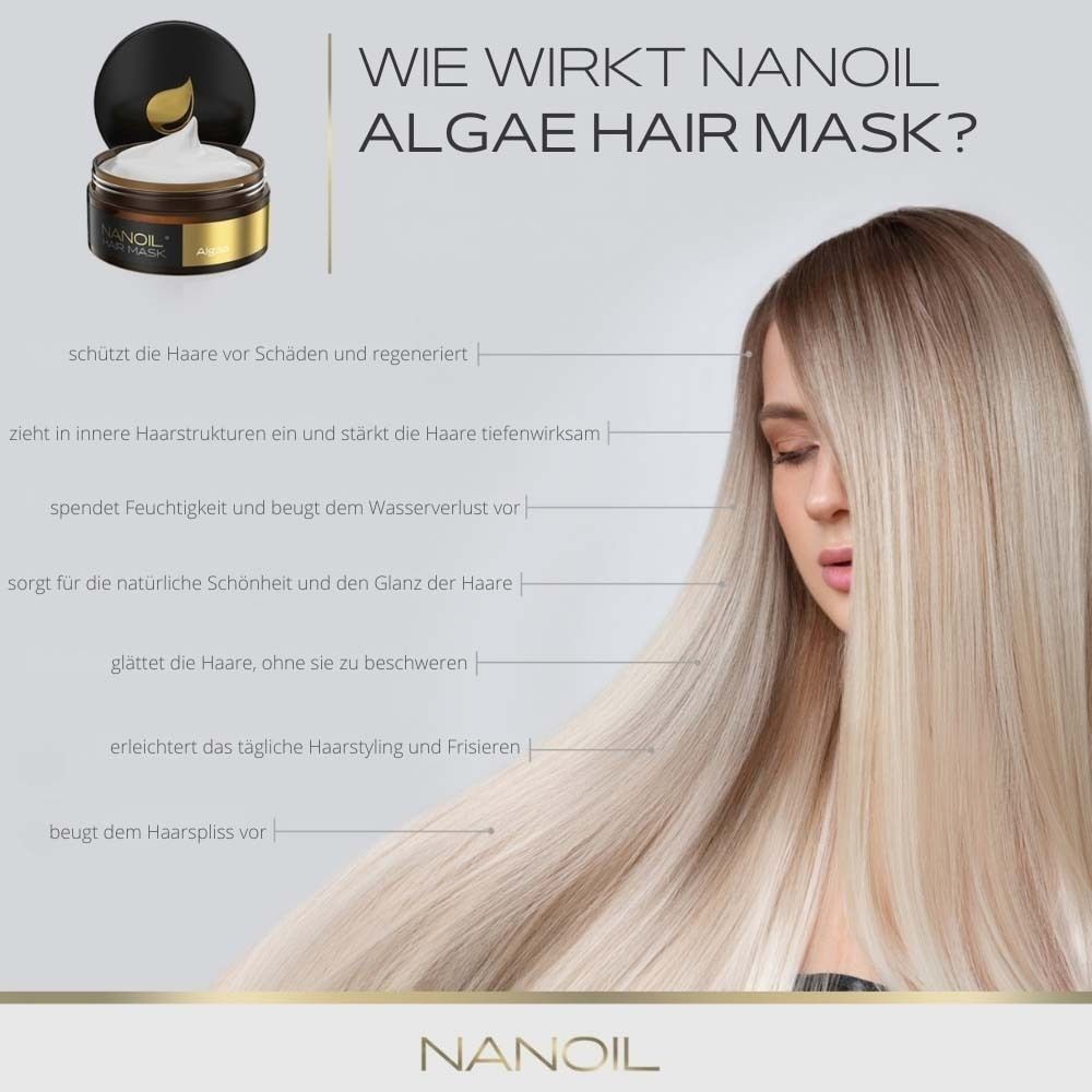 Femme aux cheveux blonds. Pot NANOIL Hair Mask. Texte sur le fonctionnement. Nom du produit et logo.