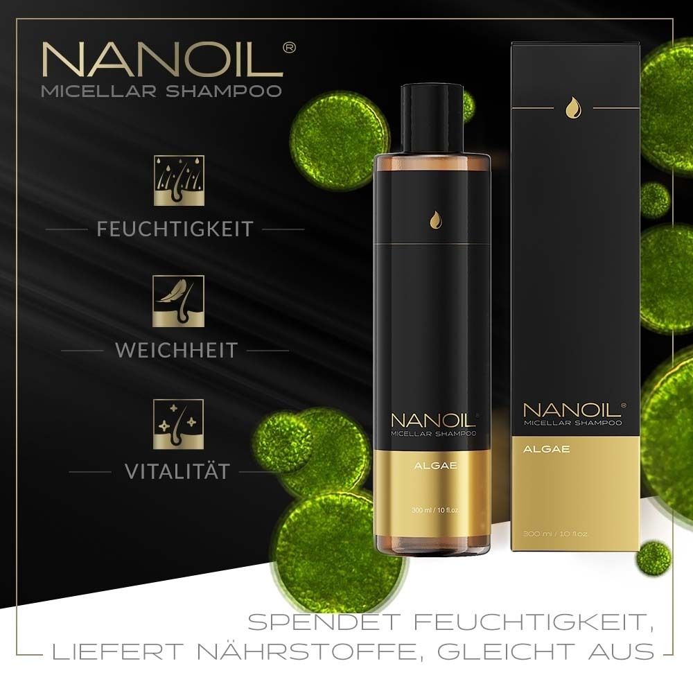 Flacon noir avec base dorée et bouchon. Inscription : NANOIL Micellar Shampoo, Algae. Avec illustrations.