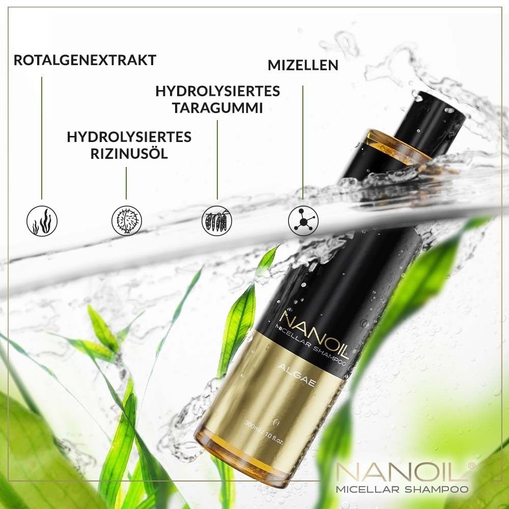 Flacon dans l'eau. Inscription : NANOIL Micellar Shampoo, Algae. Avec désignations d'ingrédients.