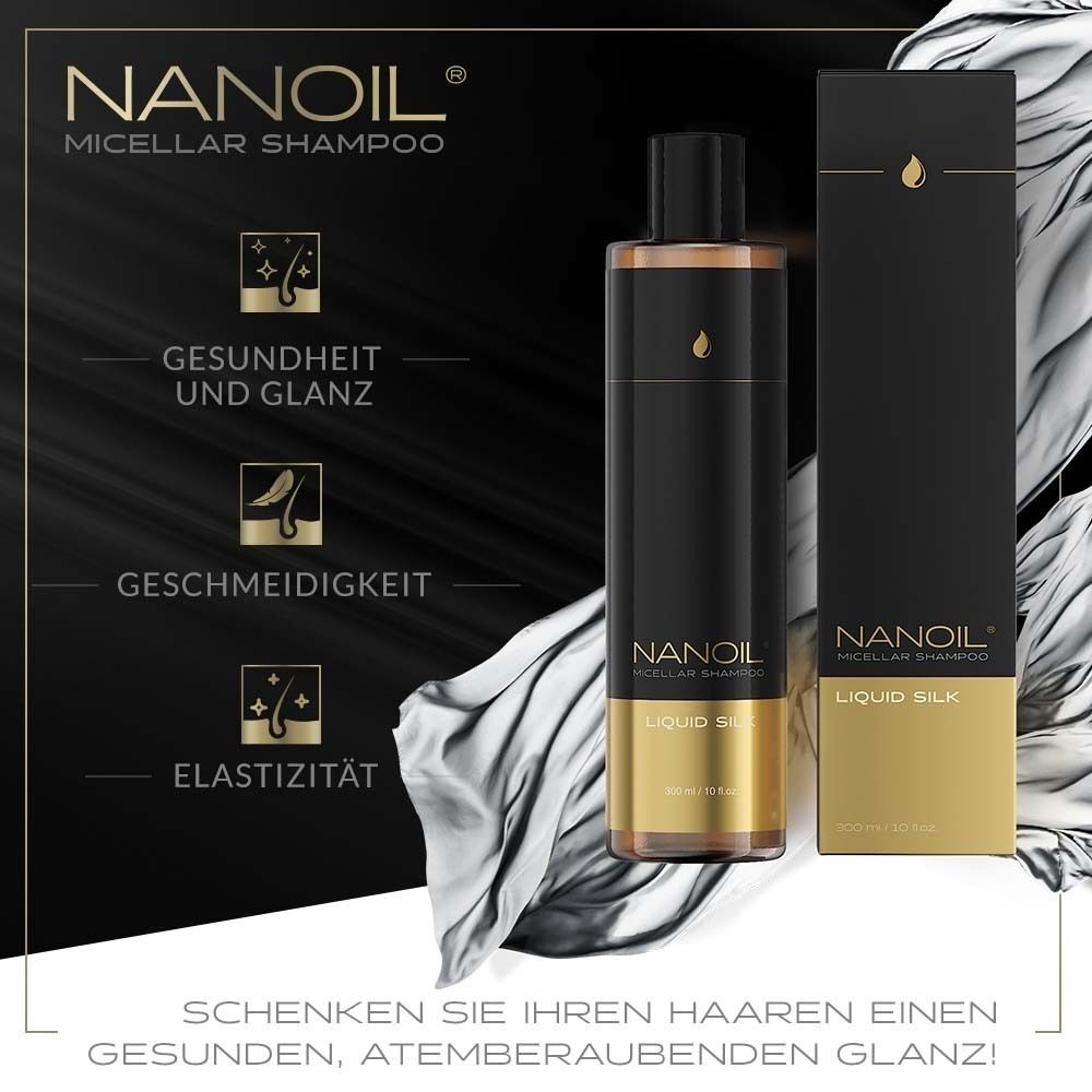 Flacon et emballage. Texte : NANOIL, Micellar Shampoo, Liquid Silk. Graphiques : santé, brillance, douceur, élasticité.