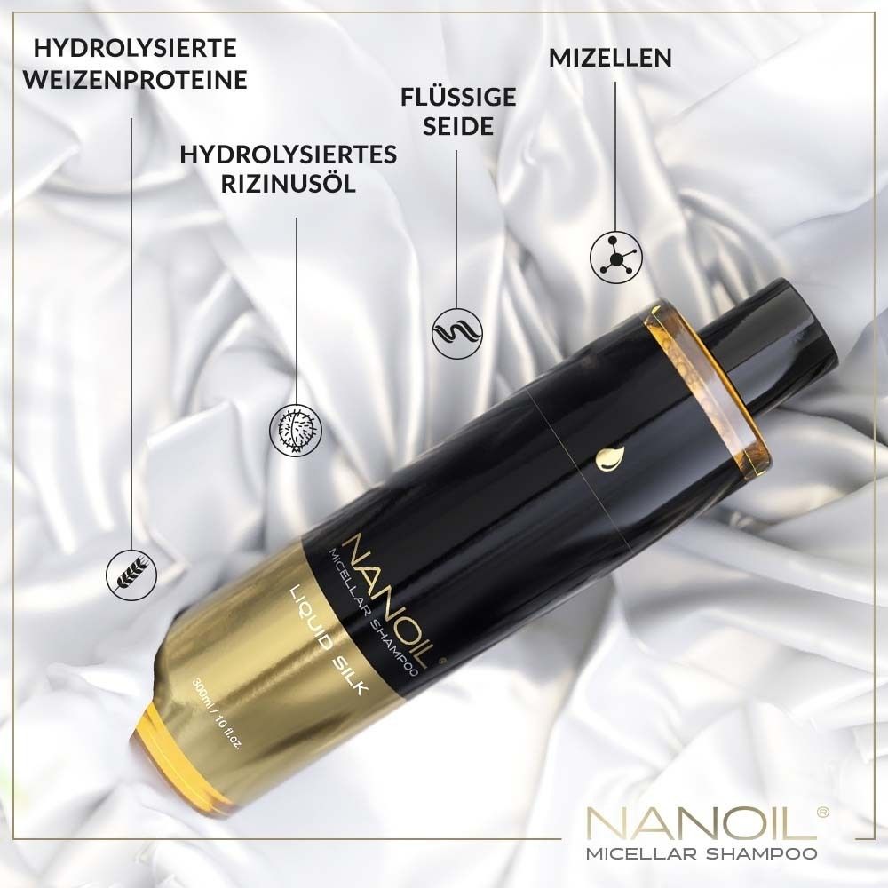Flacon avec graphiques des ingrédients. Texte : NANOIL, Liquid Silk. Ingrédients : protéines de blé hydrolysées, huile de ricin, micelles.