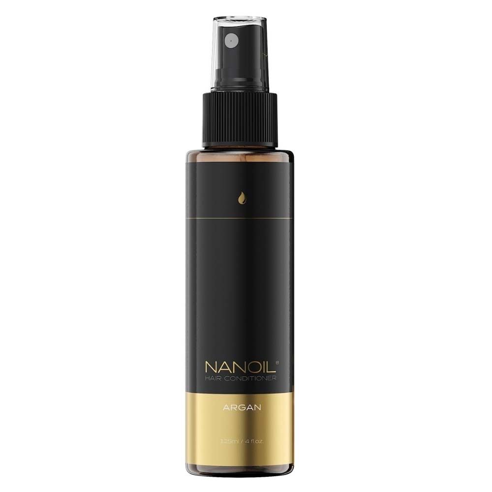 NANOIL® Argan après-shampooing. Flacon noir avec vaporisateur et texte doré.