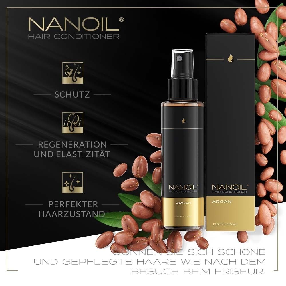 NANOIL® Argan après-shampooing. Flacon avec vaporisateur, huile d'argan et emballage. Texte: protection.