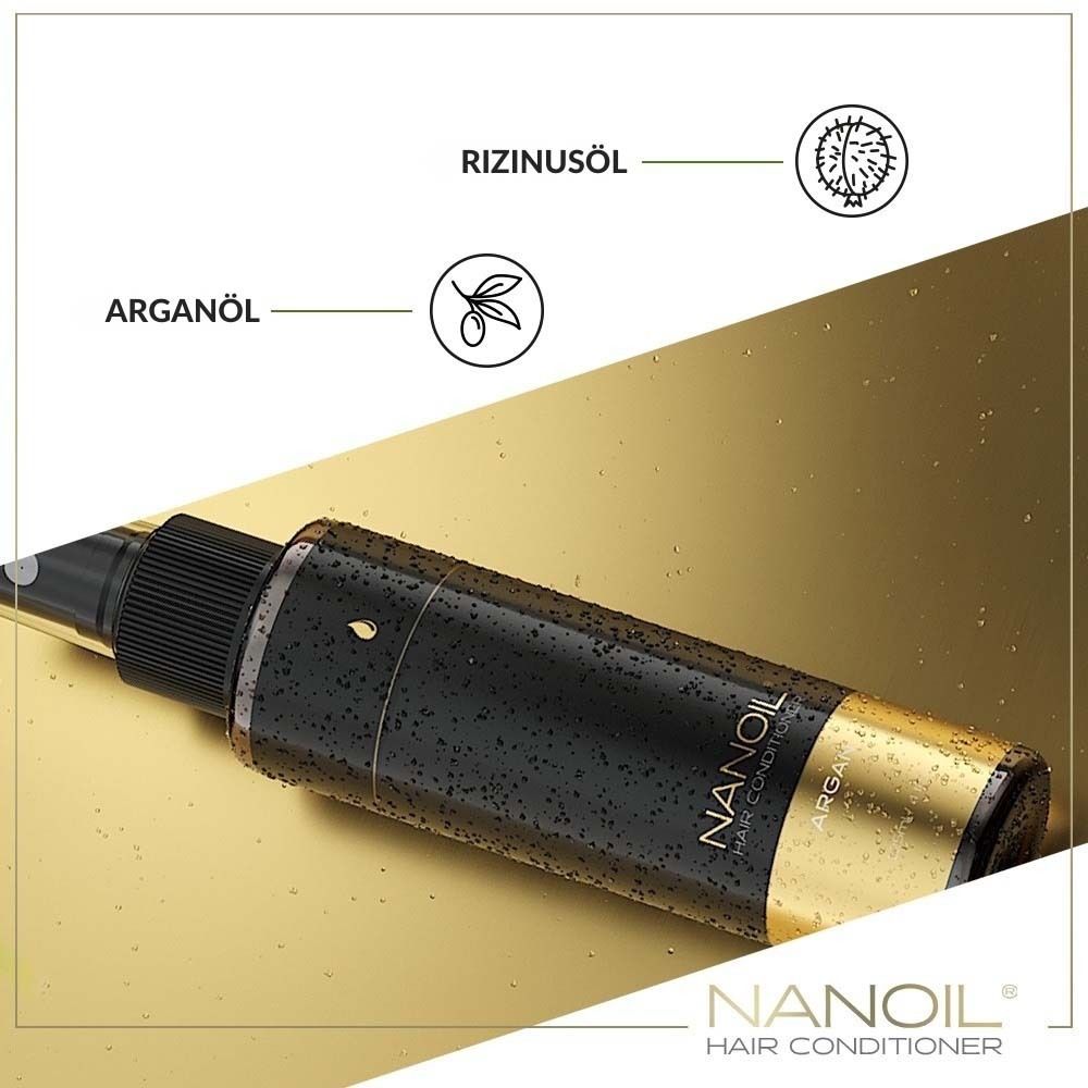 NANOIL® Argan après-shampooing. Flacon noir avec vaporisateur. Texte: huile d'argan, huile de ricin.