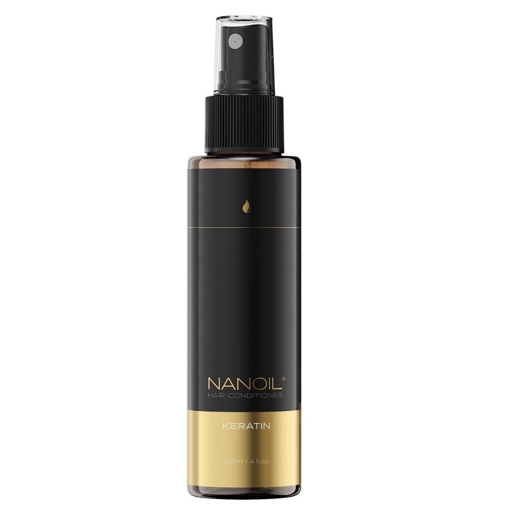 NANOIL® Keratin Hair Conditioner. Flacon noir avec vaporisateur et base dorée.