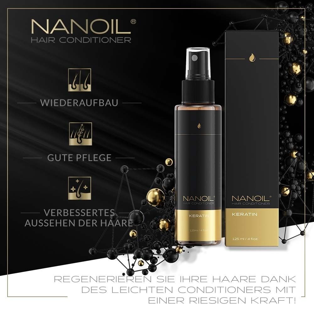 NANOIL® Keratin Hair Conditioner. Flacon noir avec vaporisateur et base dorée. Avec emballage.