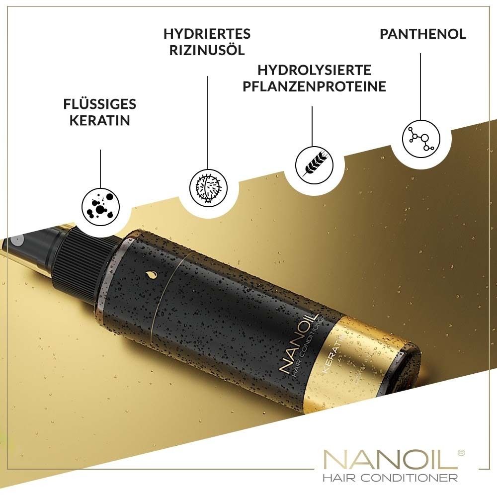 NANOIL® Keratin Hair Conditioner. Flacon noir avec vaporisateur et base dorée. Ingrédients.
