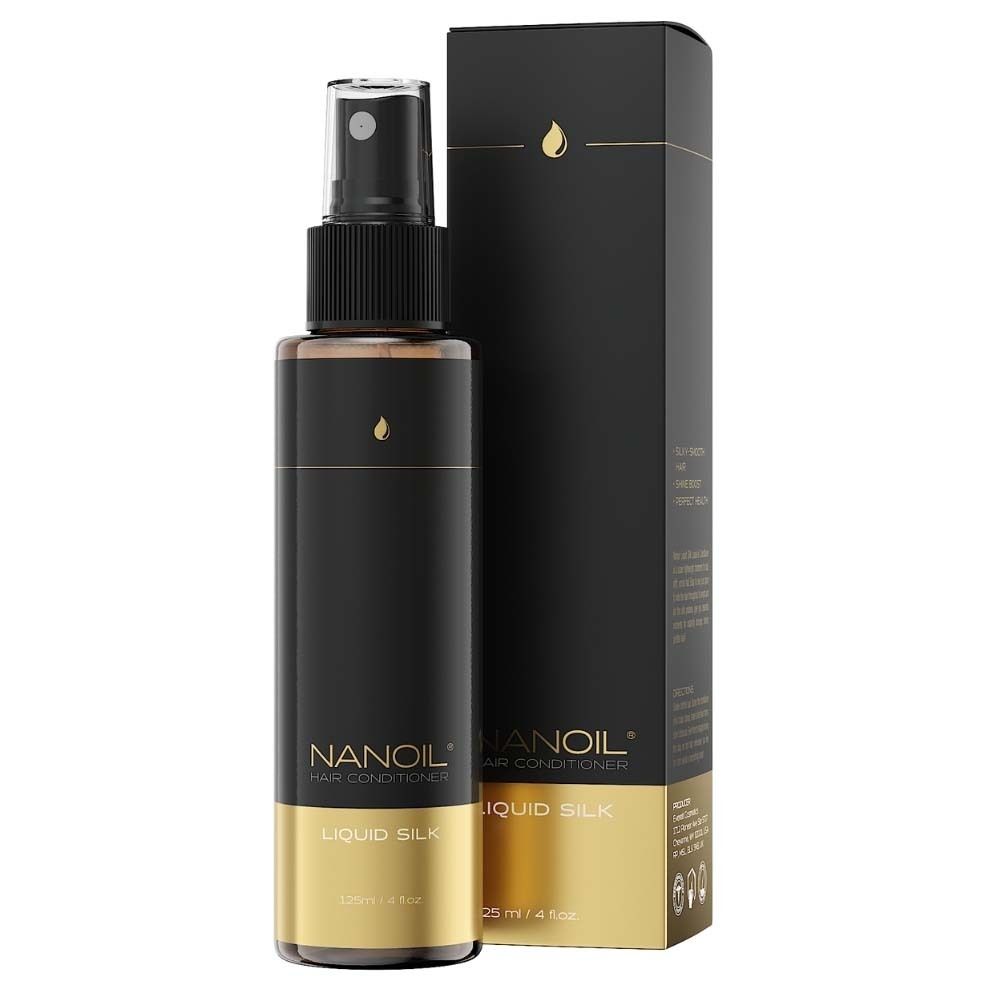 Flacon noir avec vaporisateur. Inscription : NANOIL HAIR CONDITIONER, LIQUID SILK. Avec emballage.