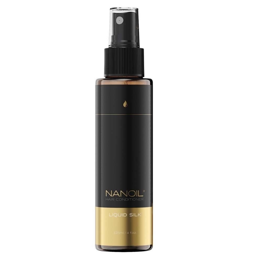 Flacon noir avec vaporisateur. Inscription : NANOIL HAIR CONDITIONER, LIQUID SILK. Base dorée.