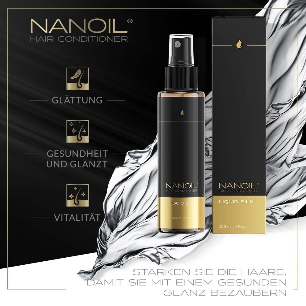 Image publicitaire. NANOIL HAIR CONDITIONER, LIQUID SILK. Icônes pour lissage, santé, vitalité. Avec emballage.