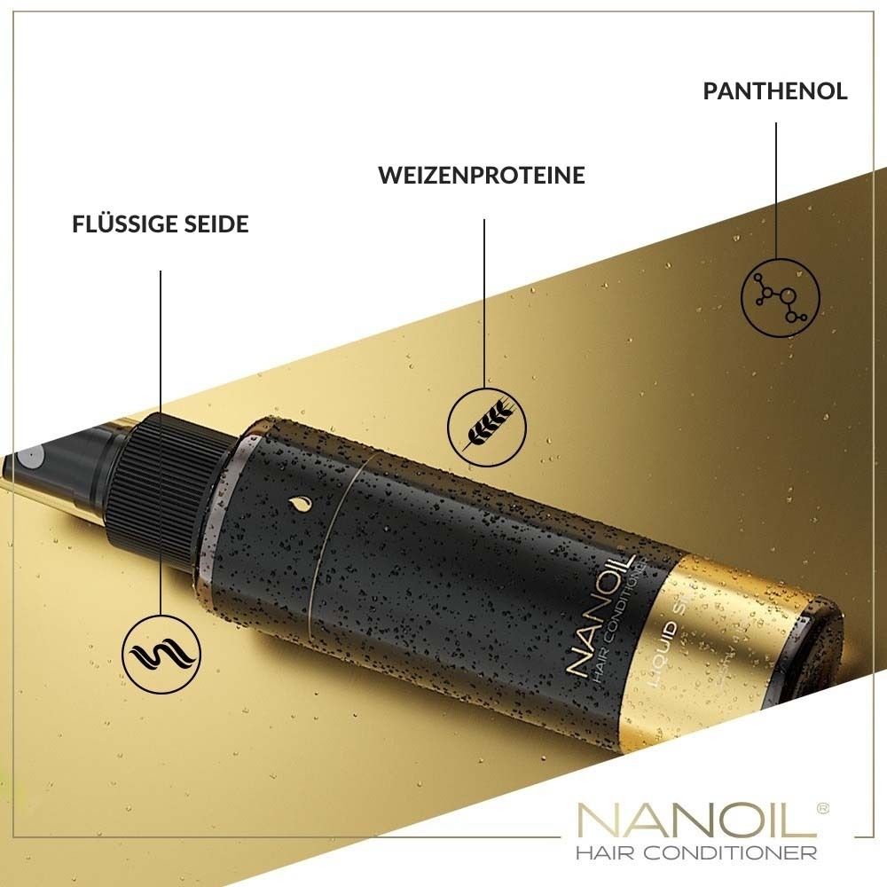Produit avec ingrédients : Soie liquide, protéines de blé, panthénol. NANOIL HAIR CONDITIONER.