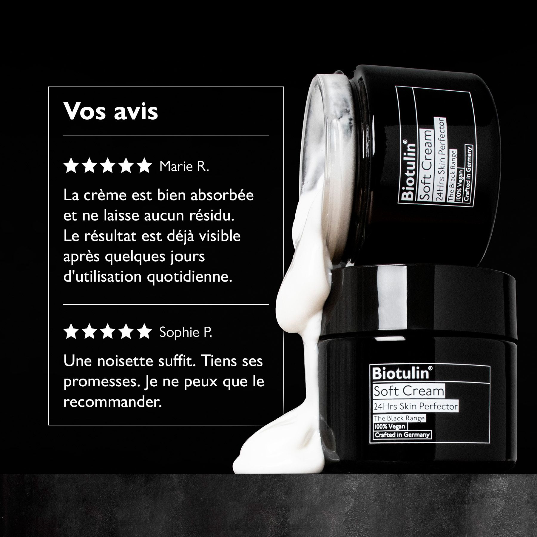 Deux pots noirs avec Biotulin Soft Cream. Texte : Avis. Citations de clients.
