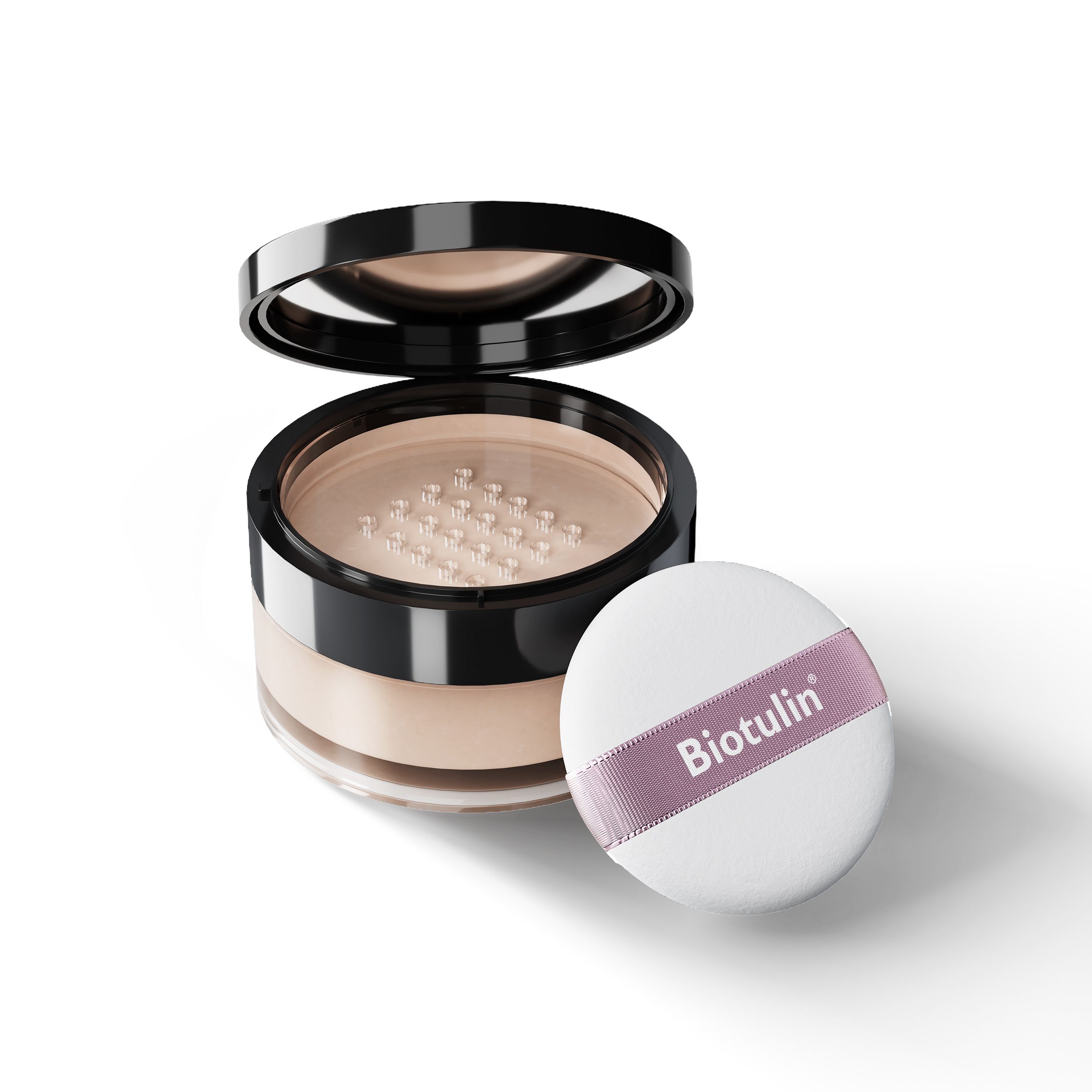 Boîte de poudre avec couvercle noir et houppette. Biotulin est sur la houppette.