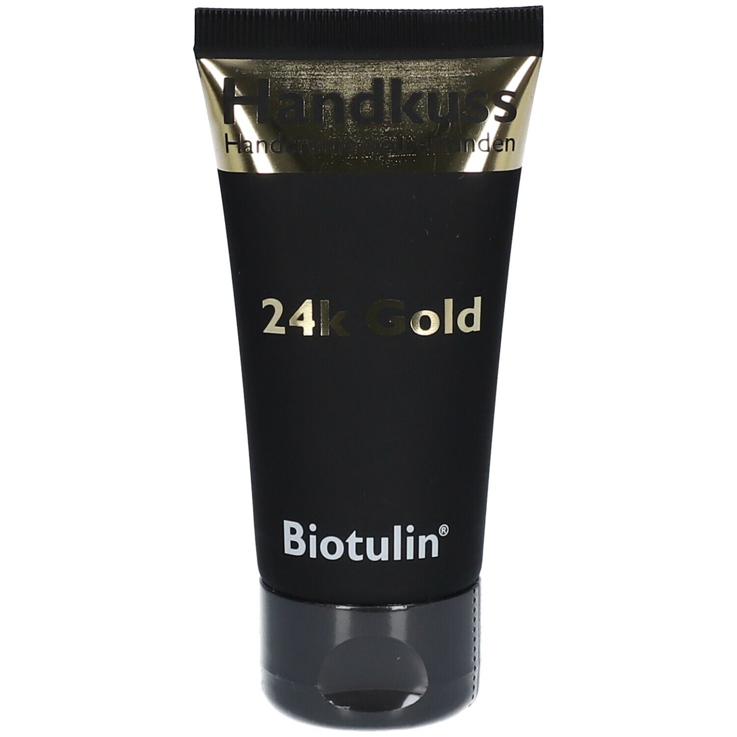 Tube noire avec impression dorée. Contient de l'or 24 carats. Marque Biotulin®. Crème pour les mains.