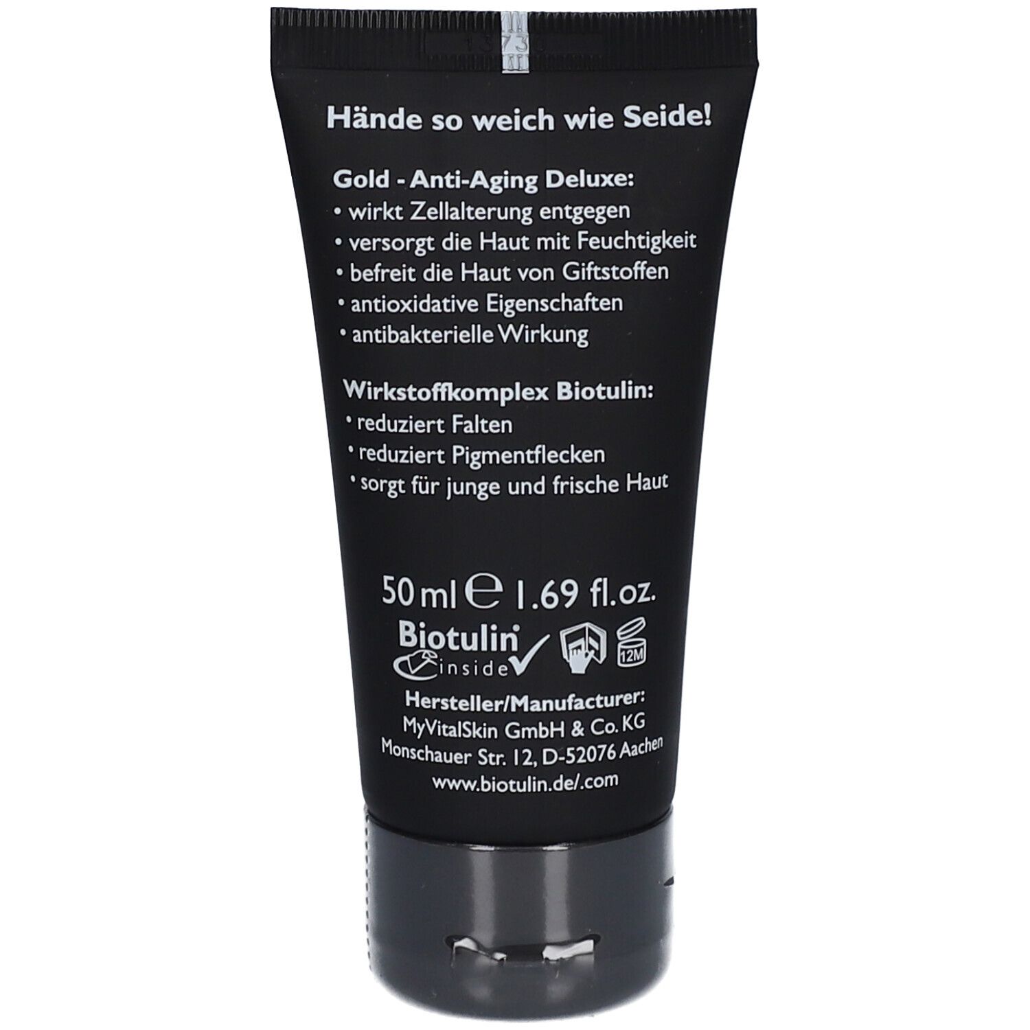 Dos du tube noir. Texte: Gold-Anti-Aging Deluxe. Complexe actif Biotulin. 50 ml.