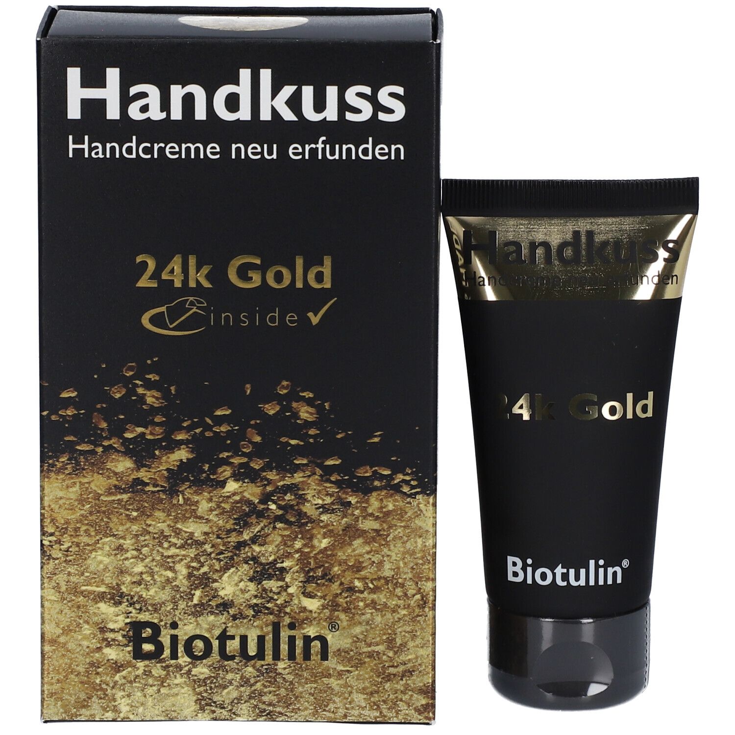 Boîte et tube noirs. Impression: Handkuss, 24K Gold, Biotulin. Crème pour les mains réinventée.