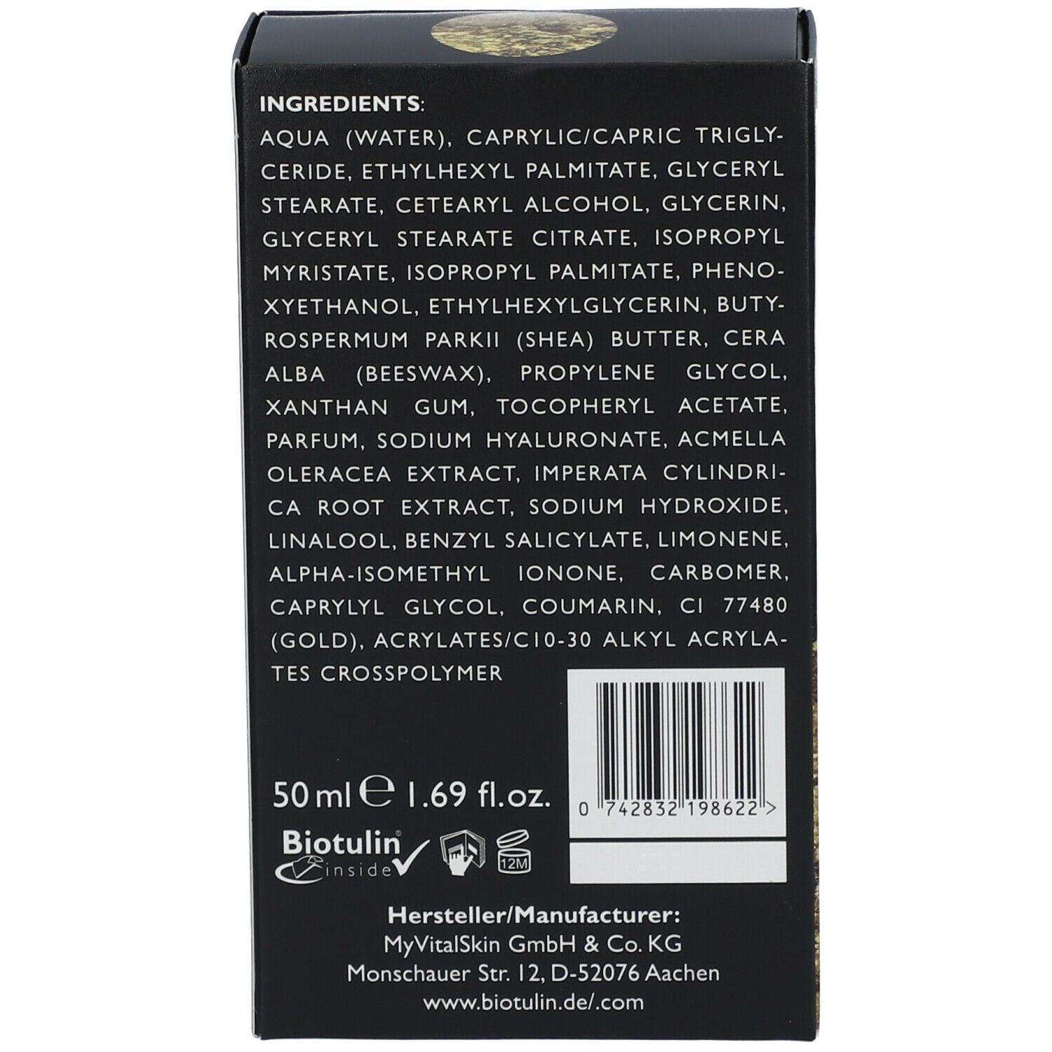 Dos de la boîte noire. Liste des ingrédients, 50 ml, Biotulin. Fabricant: MyVitalSkin GmbH.