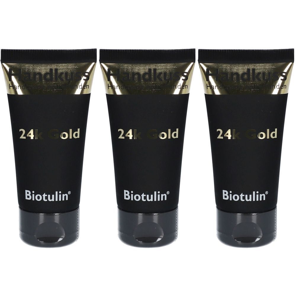 Trois tubes noirs avec impression dorée. Contient de l'or 24 carats. Marque Biotulin®. Crème pour les mains.