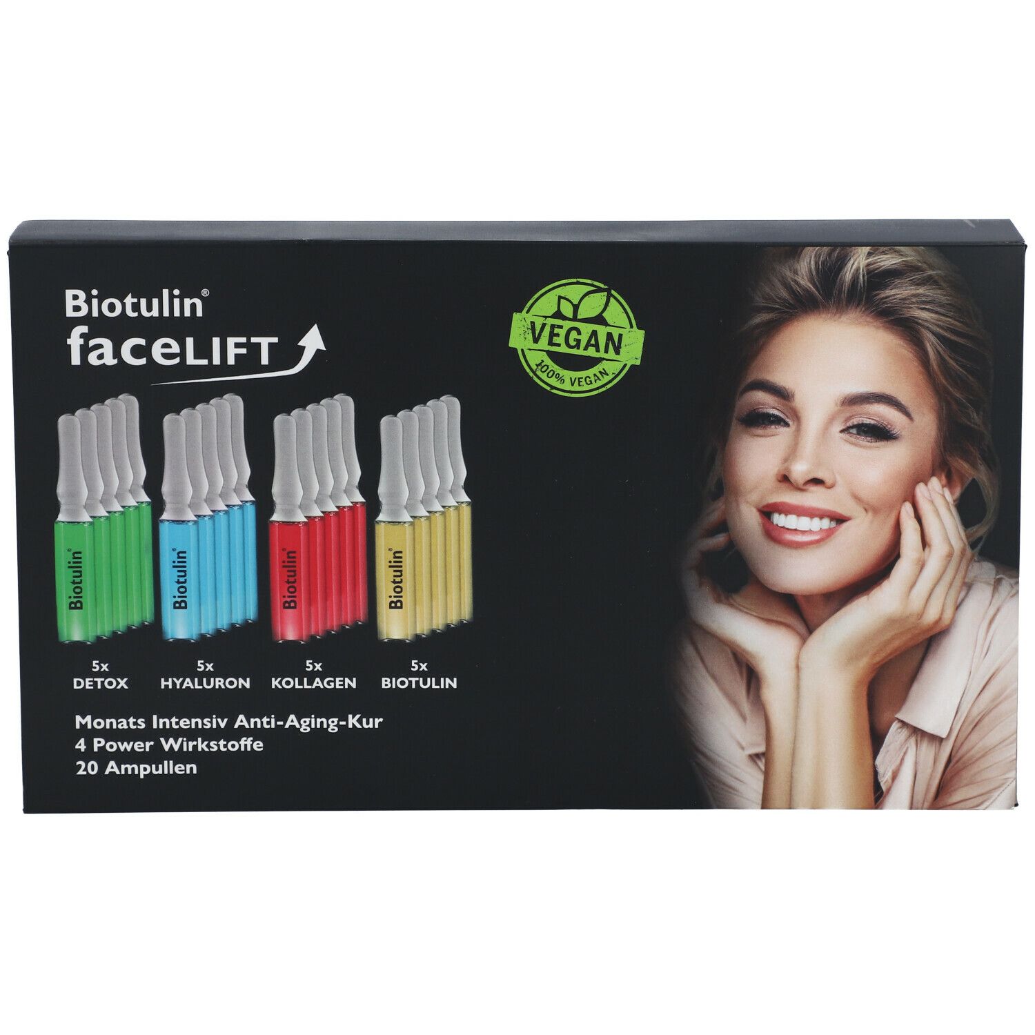 Boîte noire avec ampoules. Logo "Biotulin faceLIFT" et label "Vegan". Visage de femme à droite.