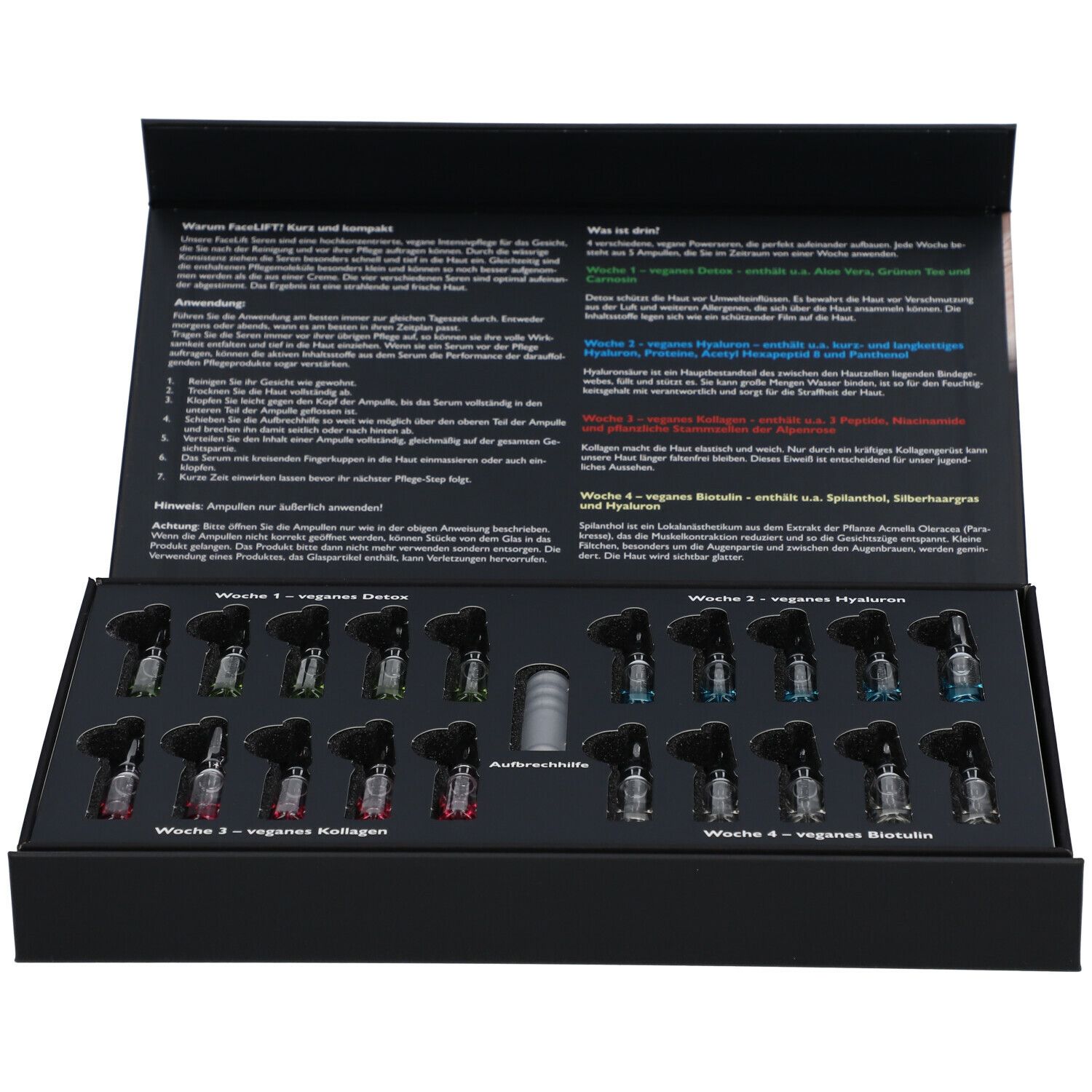 Boîte noire ouverte avec ampoules. 20 ampoules de couleurs variées, notice d'utilisation.