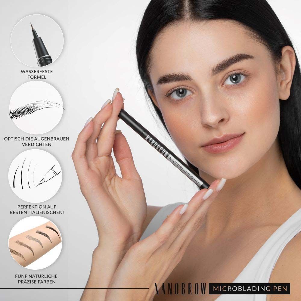 Femme tenant un stylo noir. Inscription : NANOBROW MICROBLADING PEN. Graphiques en arrière-plan.
