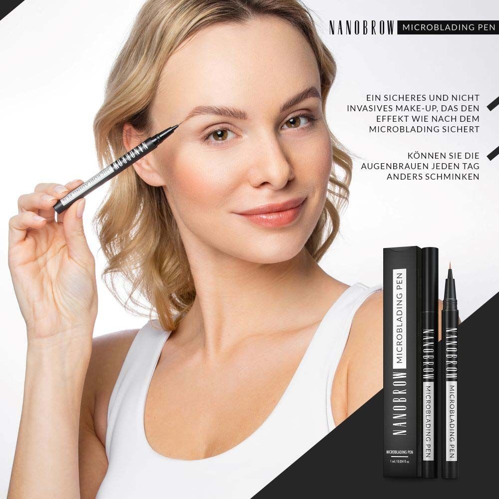 Femme tenant un stylo noir. Inscription : NANOBROW MICROBLADING PEN. Emballage en arrière-plan.