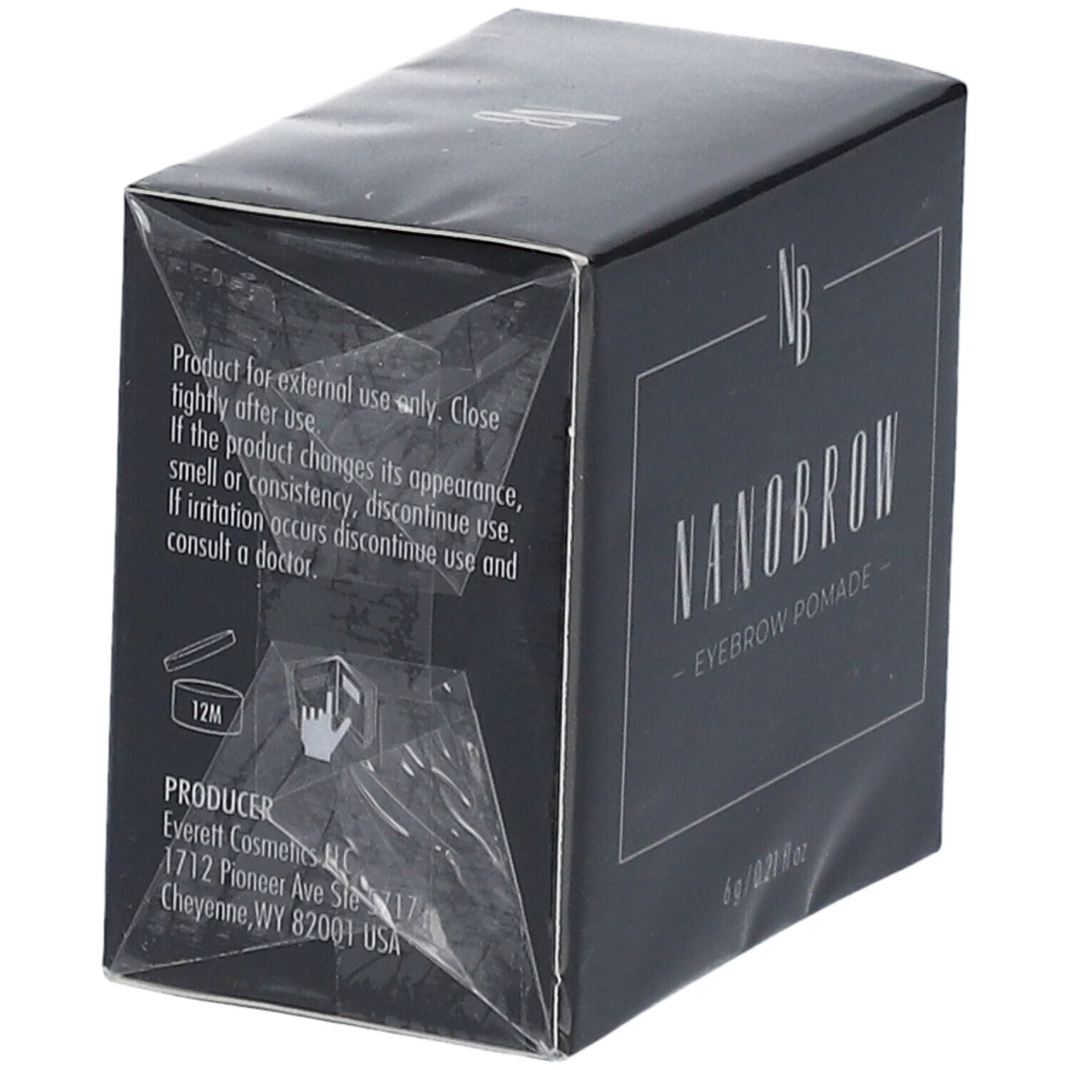 Boîte noire avec texte. NANOBROW Eyebrow Pomade. Adresse du fabricant. Avertissements. Forme carrée.
