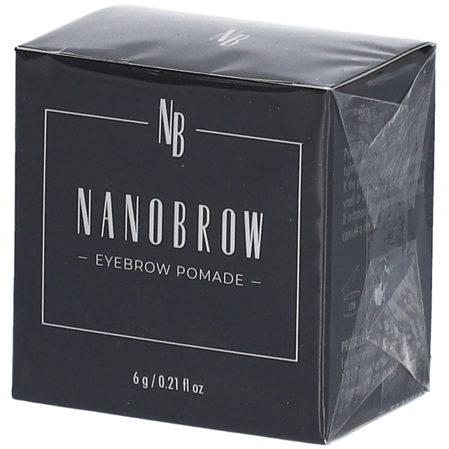 Boîte noire avec texte blanc. NANOBROW Eyebrow Pomade. 6 g / 0.21 fl oz. Forme carrée.
