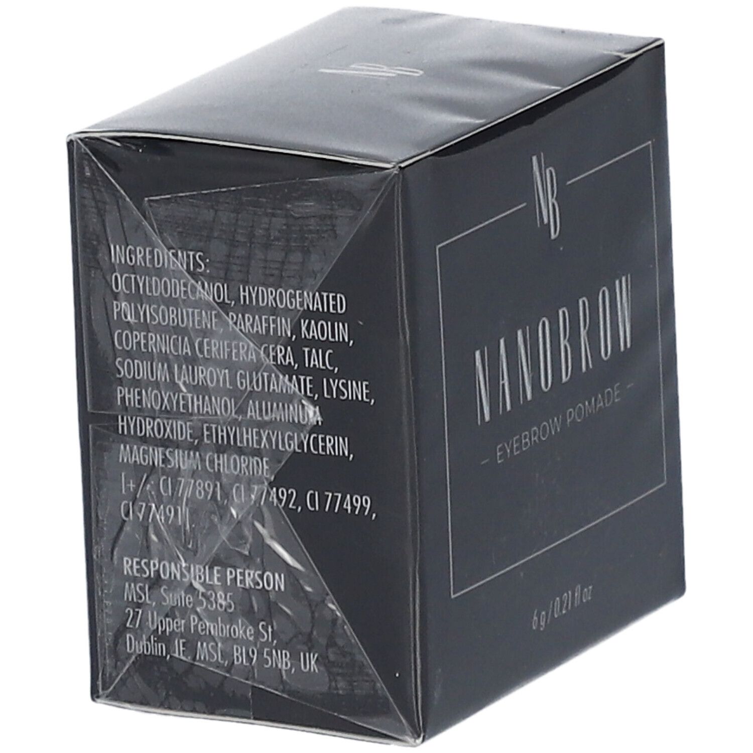 Boîte noire avec ingrédients et texte. NANOBROW Eyebrow Pomade. Forme carrée. Adresse du fabricant.
