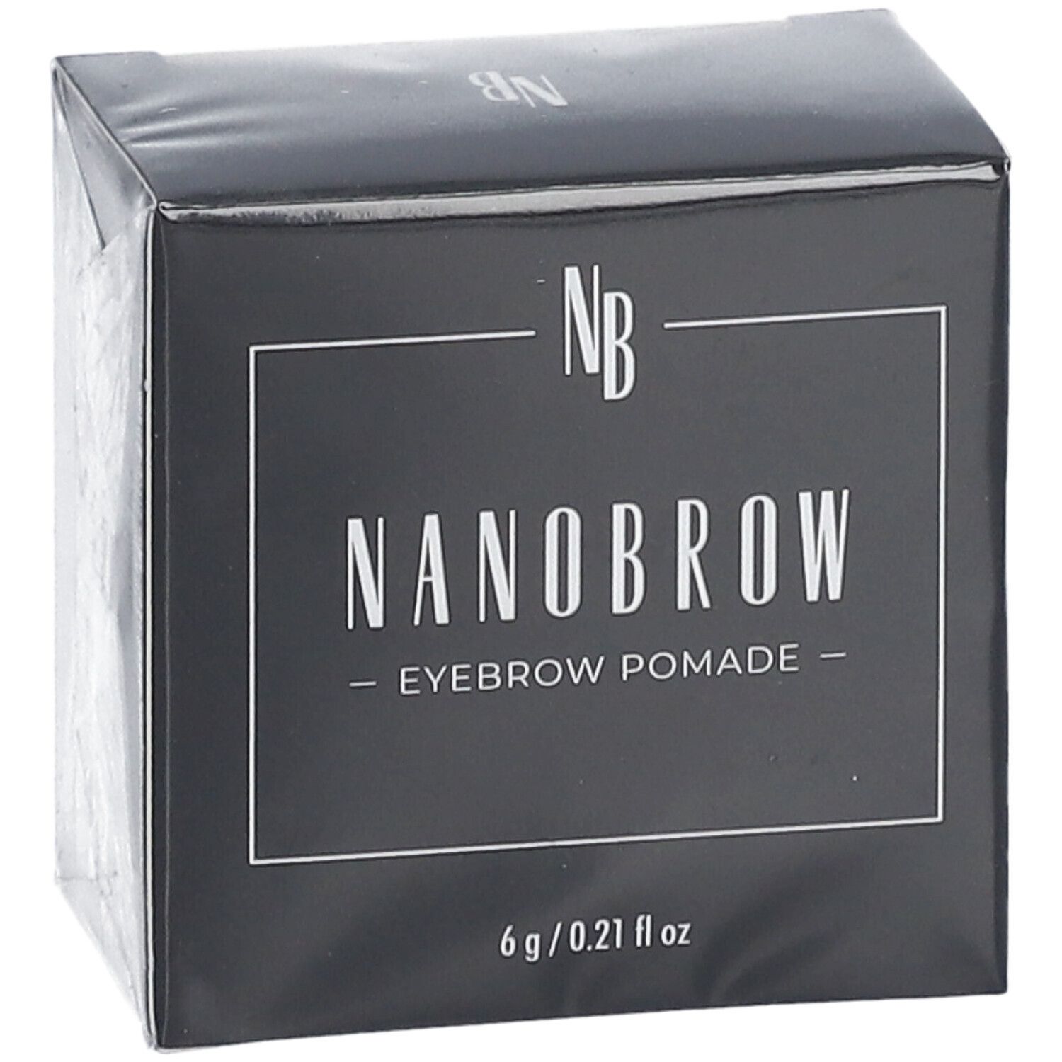 Boîte noire avec texte blanc. NANOBROW Eyebrow Pomade. 6 g / 0.21 fl oz. Forme carrée.