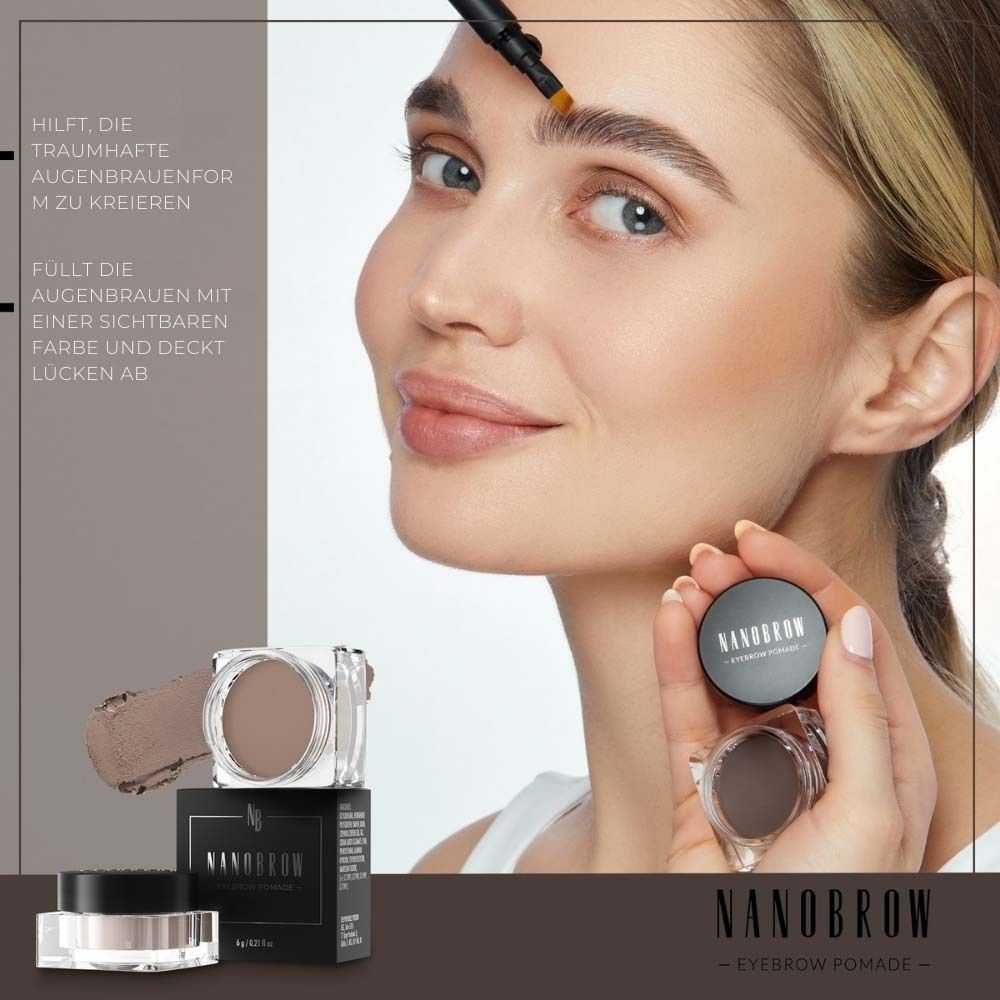 Femme tenant NANOBROW Eyebrow Pomade Medium Brown. Produit et emballage visibles. Texte : NANOBROW Eyebrow Pomade.