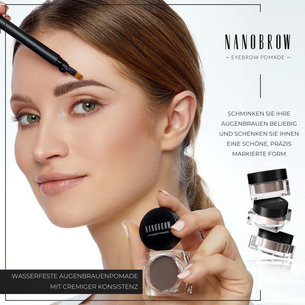 Femme avec NANOBROW Eyebrow Pomade. Produit et emballage visibles. Texte : NANOBROW Eyebrow Pomade. Pommade à sourcils résistante à l'eau.
