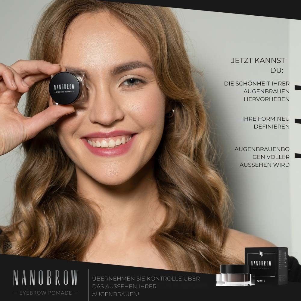 Femme tenant NANOBROW Eyebrow Pomade. Produit et emballage visibles. Texte : NANOBROW Eyebrow Pomade. Arcades sourcilières.