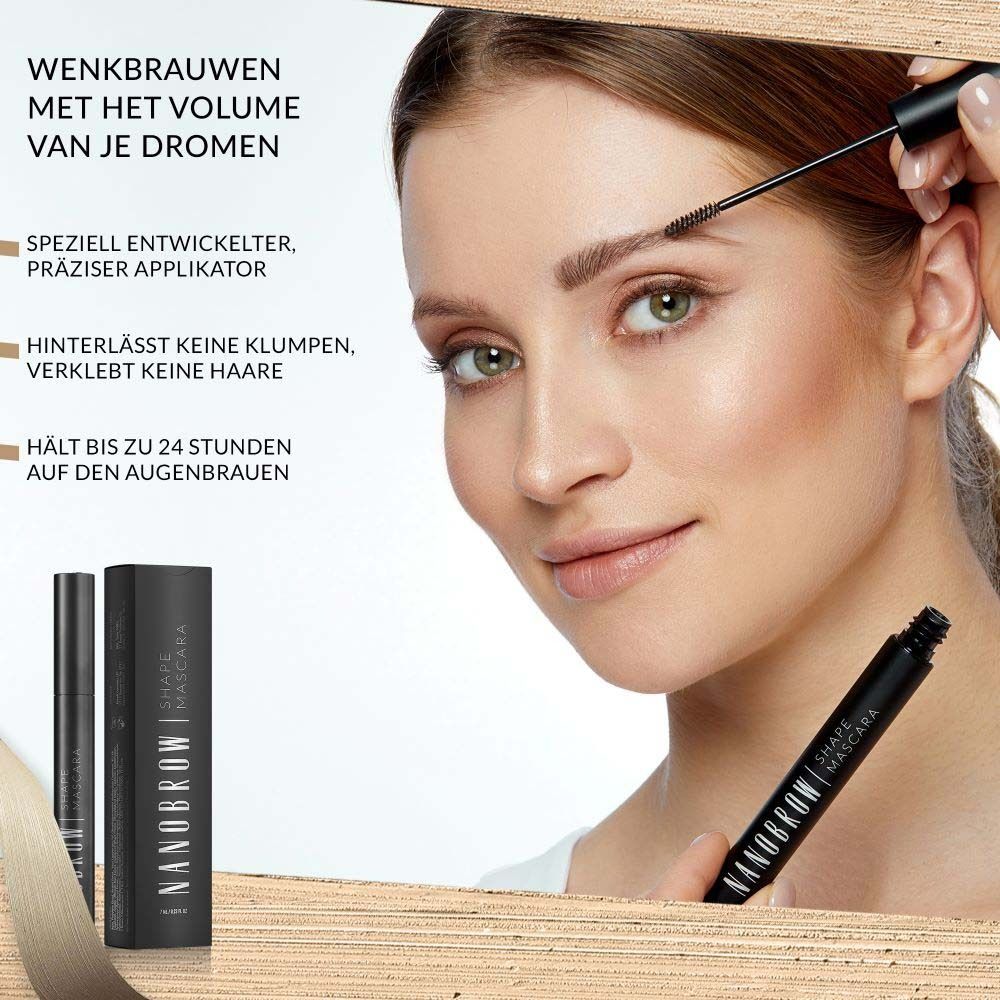 Femme avec mascara. NANOBROW Shape Mascara est écrit sur le mascara. Texte: Applicateur spécial. Dure jusqu'à 24 heures.