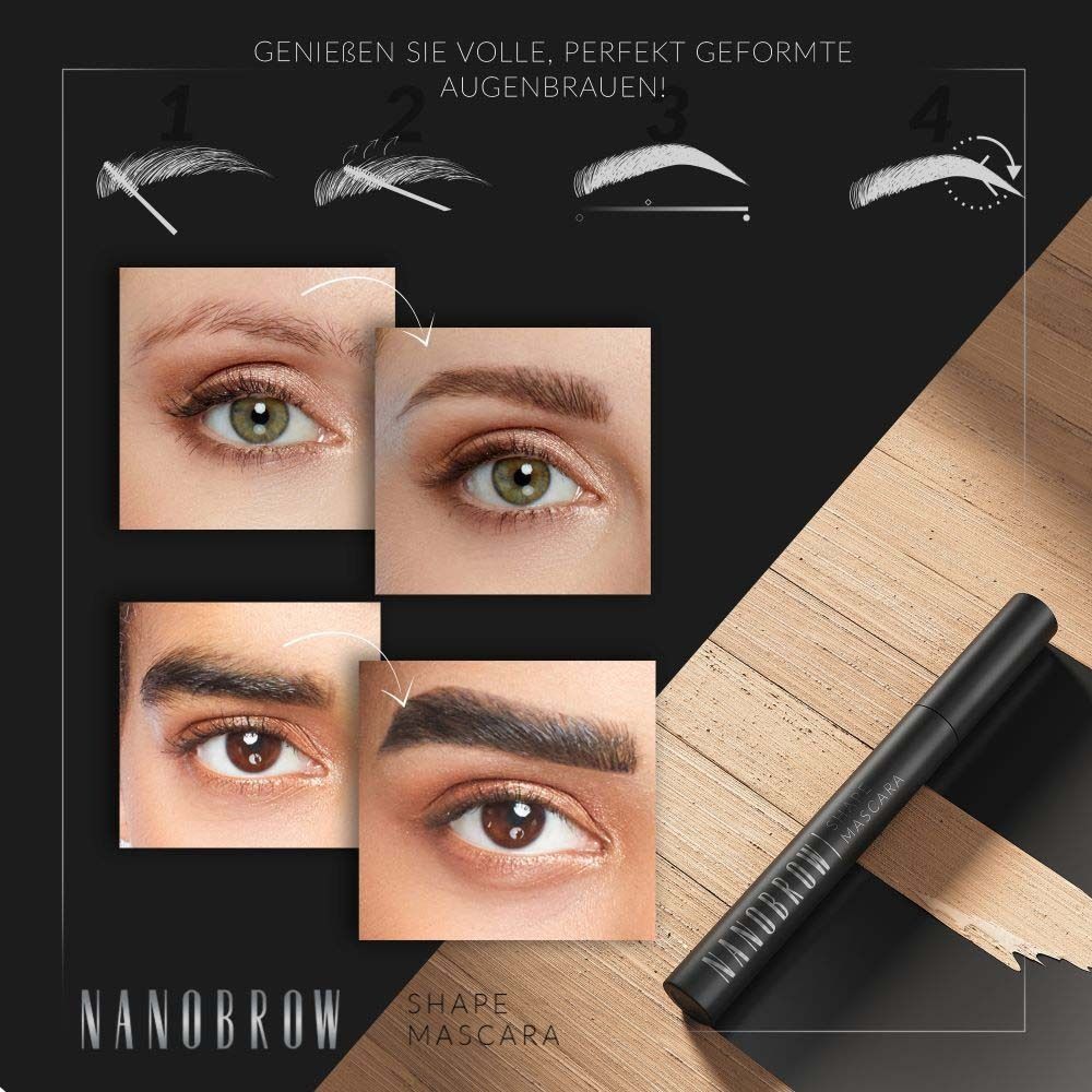 Yeux avec mascara. NANOBROW Shape Mascara est écrit sur le mascara. Texte: Sourcils pleins et parfaitement formés!