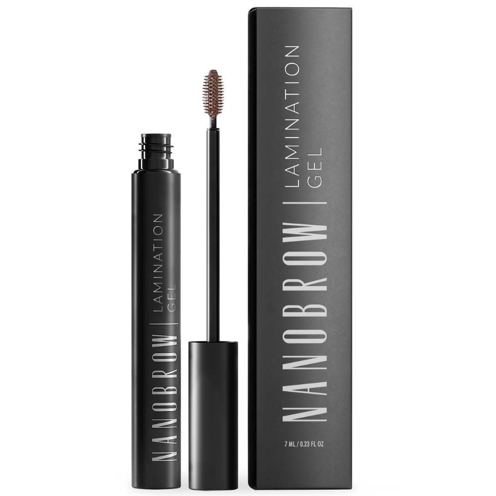 Flacon et emballage noirs avec l'inscription NANOBROW LAMINATION GEL. Comprend un applicateur.