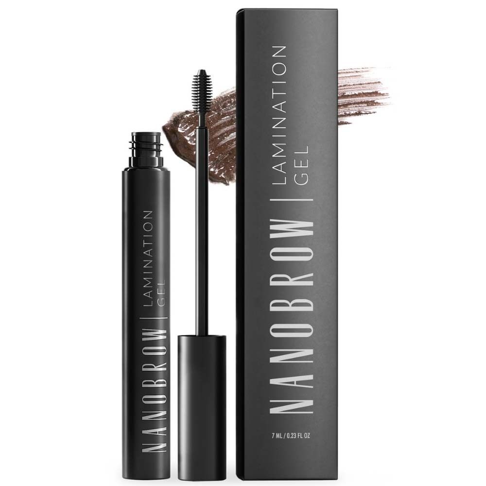 Flacon et emballage noirs avec l'inscription NANOBROW LAMINATION GEL. Applicateur avec produit.
