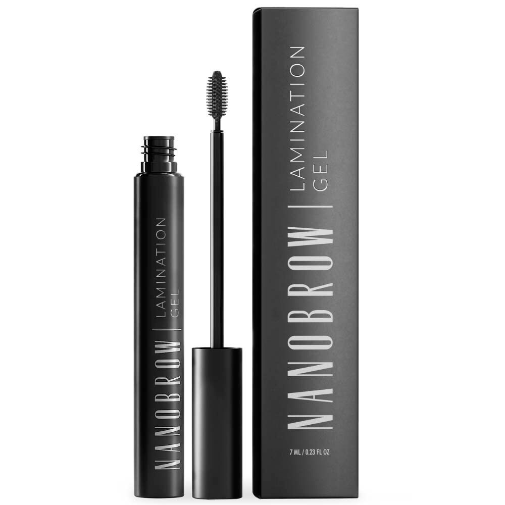 Gel de lamination NANOBROW noir avec brosse et emballage. Nom du produit et désignation du gel clairement visibles.