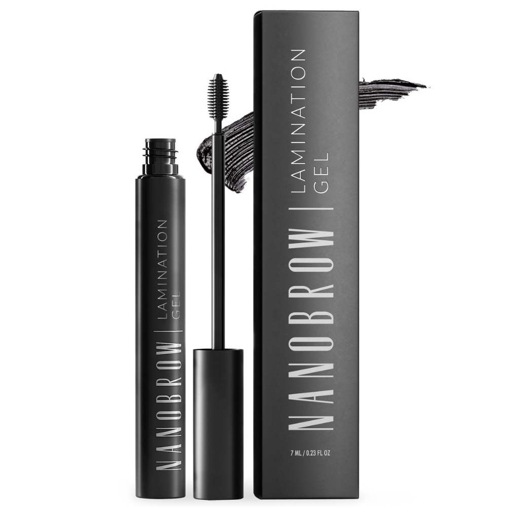 Gel de lamination NANOBROW noir avec brosse et emballage. Application de gel sur papier. Nom du produit et désignation.