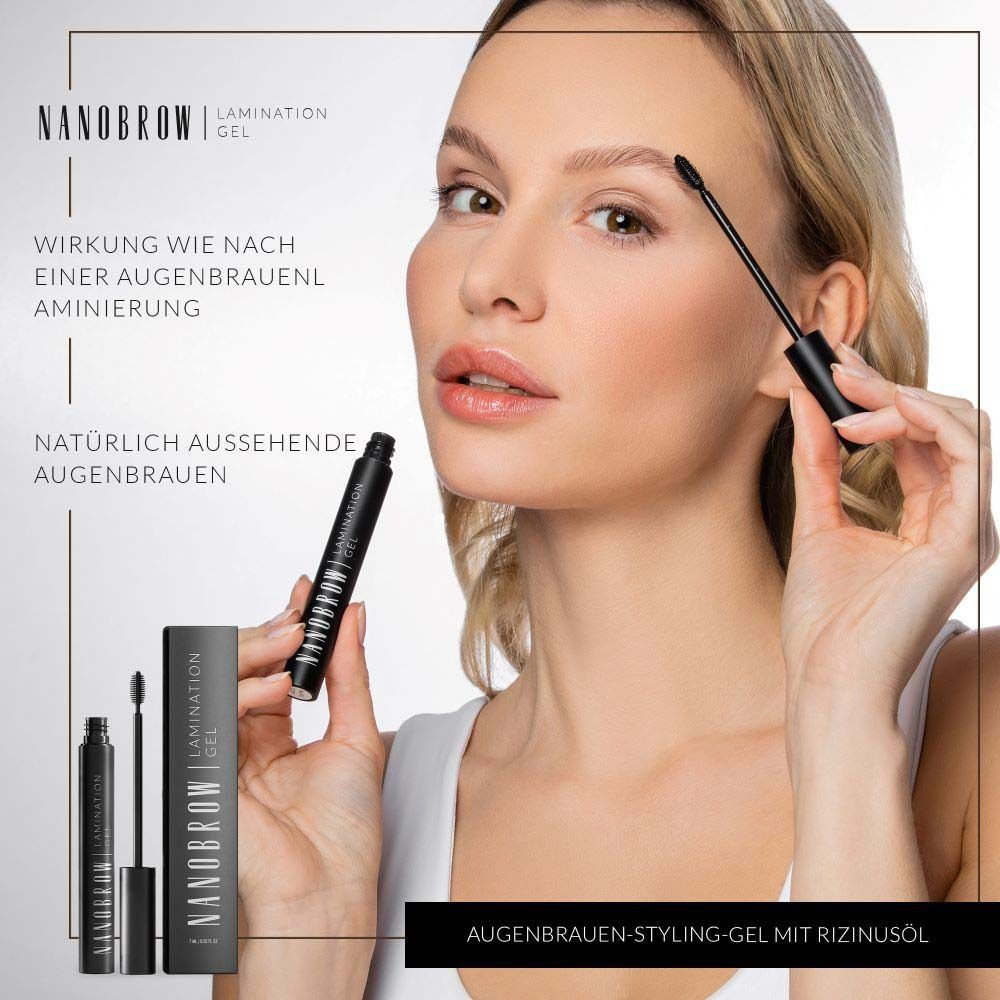 Femme avec gel de lamination NANOBROW. Produit et emballage. Texte: Gel coiffant pour sourcils à l'huile de ricin. Effet lamination.