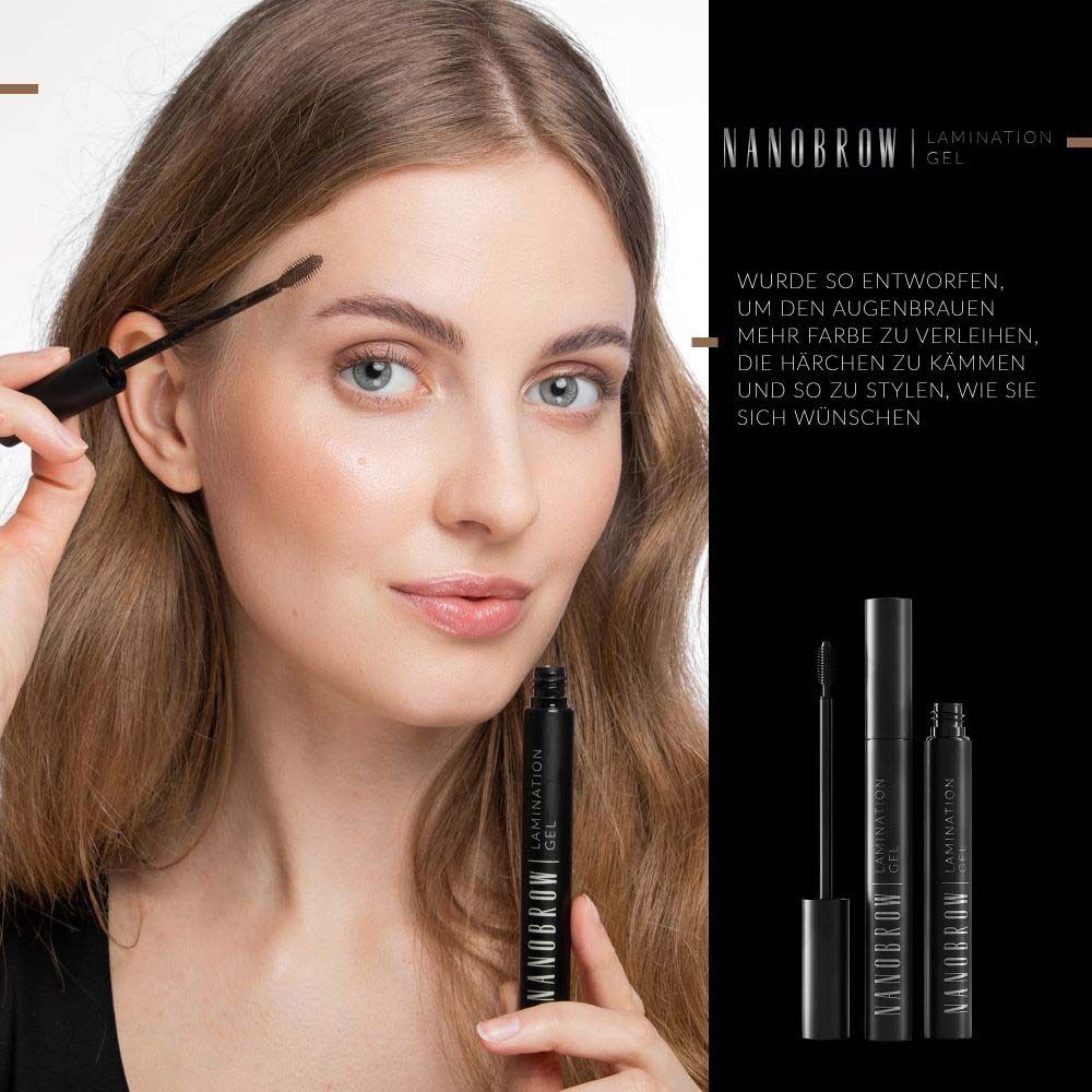 Femme avec gel de lamination NANOBROW. Produit et emballage. Texte: Donner plus de couleur, peigner et coiffer les poils.
