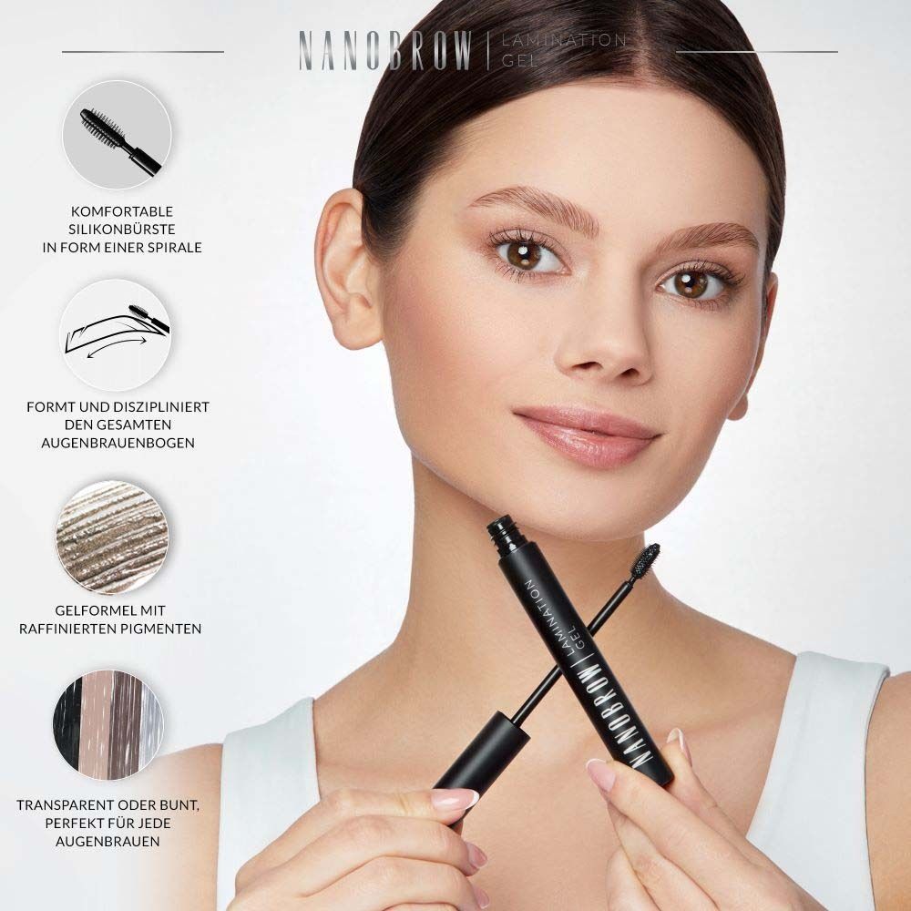 Femme avec gel de lamination NANOBROW. Produit et emballage. Texte: Brosse en silicone confortable, façonne et discipline, formule gel.