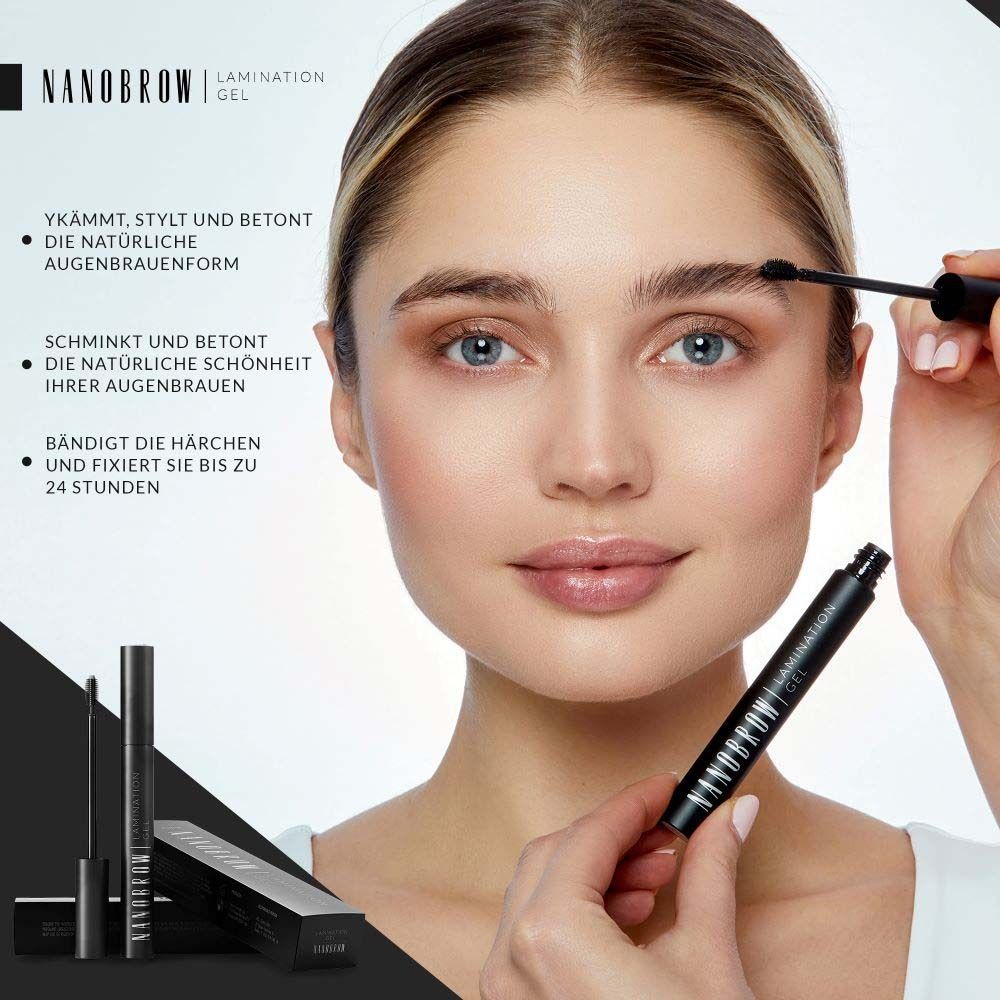 Femme avec gel de lamination NANOBROW. Produit et emballage. Texte: Peigne, stylise et souligne, embellit les sourcils.