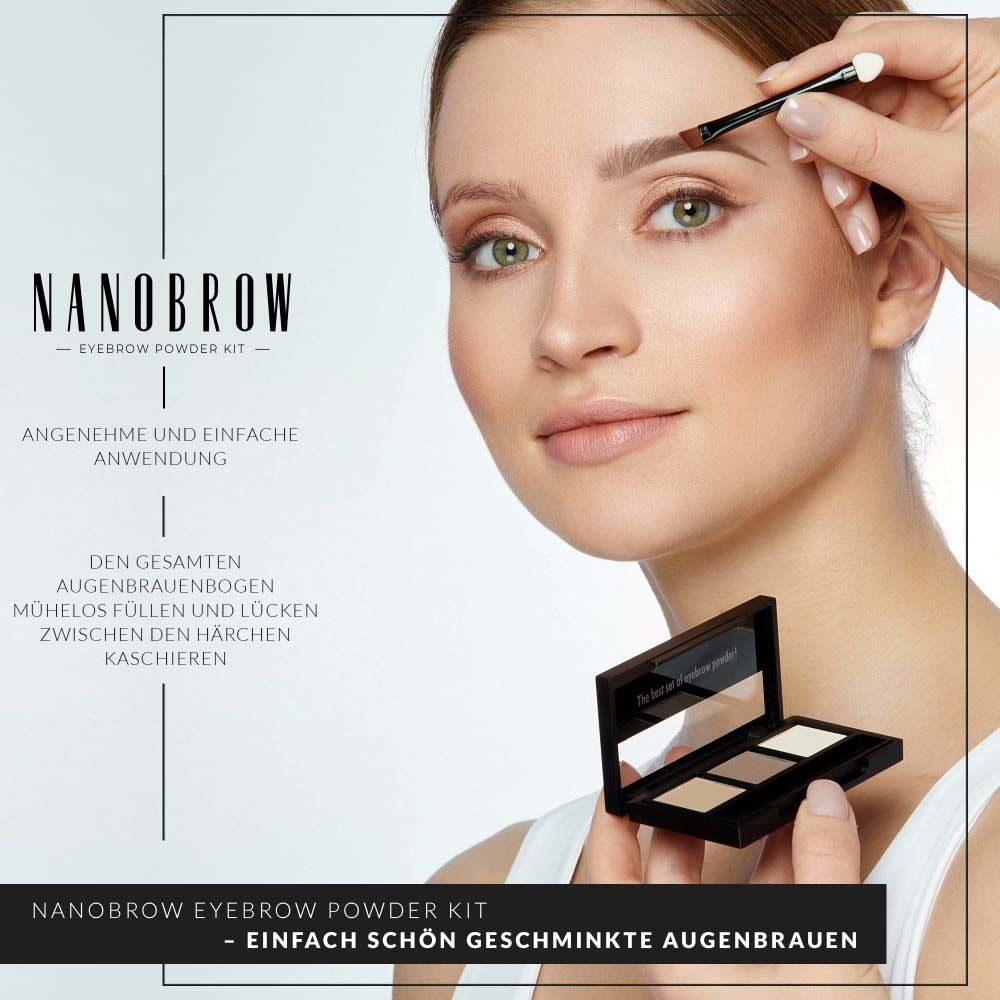 Femme appliquant de la poudre à sourcils avec un pinceau. Kit de poudre à sourcils NANOBROW. Emballage noir.