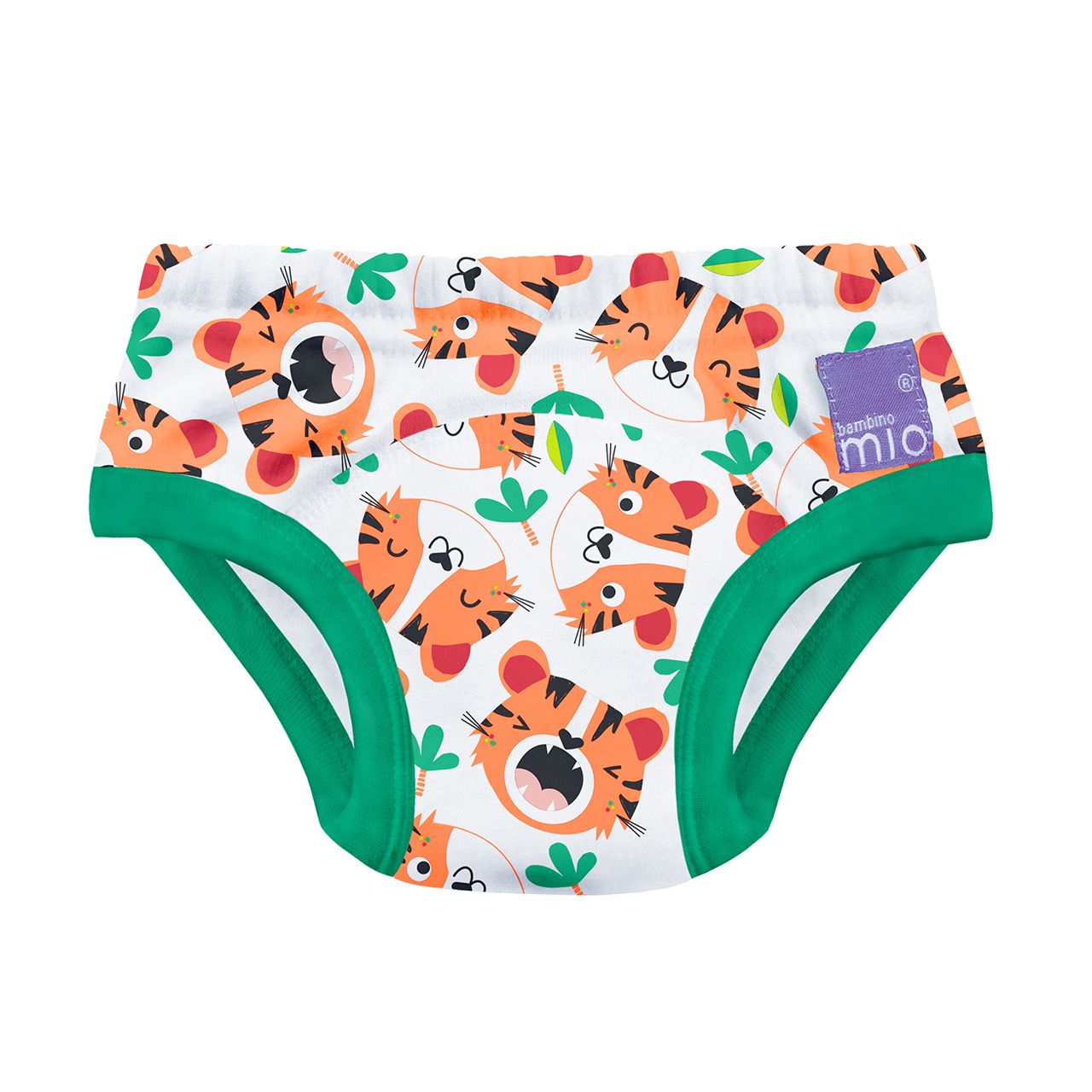 Culotte d'apprentissage à motif tigre et bordure verte. Marque bambino mio. Fond blanc avec tigres oranges.