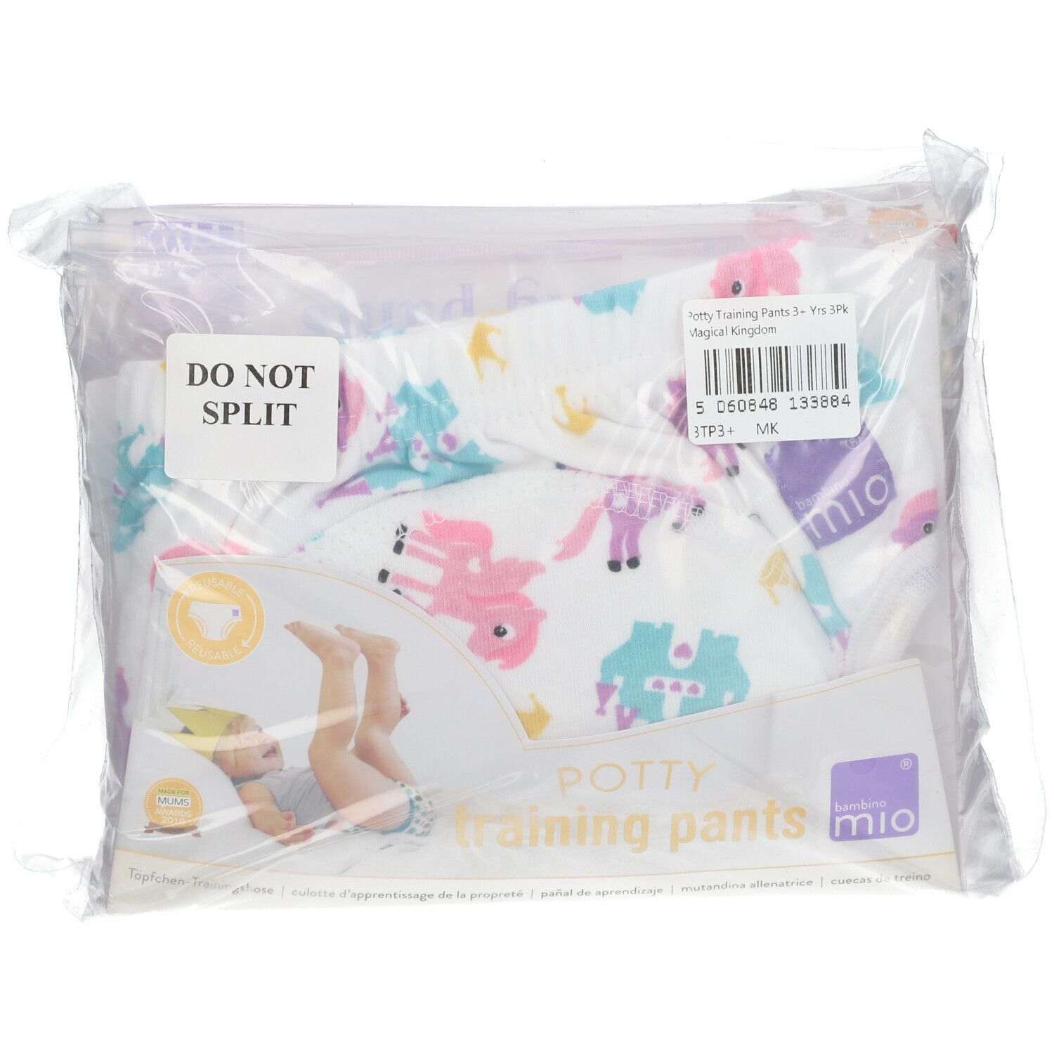 Culotte d'apprentissage avec licornes colorées, emballée. Marque Mio. Inscription : Potty Training Pants.