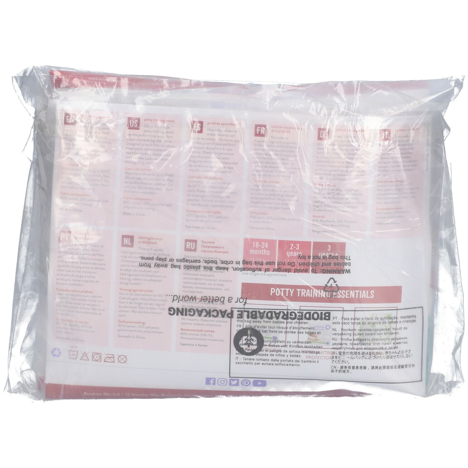 Dos de l'emballage. Texte multilingue. Informations sur les tailles. Emballage biodégradable.