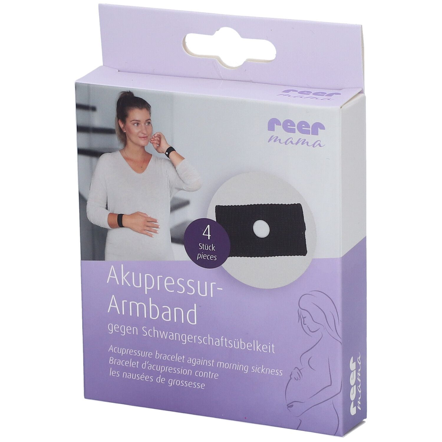 Boîte d'accupression. Bracelet noir avec trou. Inscription : reer mama, 4 pièces. Contre les nausées de grossesse.